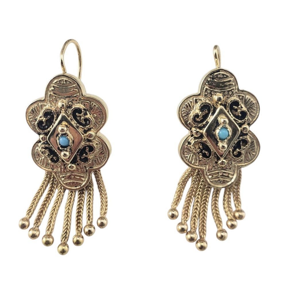 14 Karat Yellow Gold and Turquoise Dangle Earrings #21416